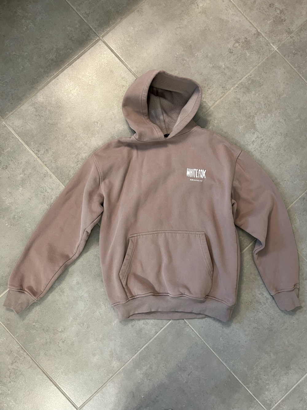 White Fox hoodie. Size XS/S. Color is Light brown or taupe.